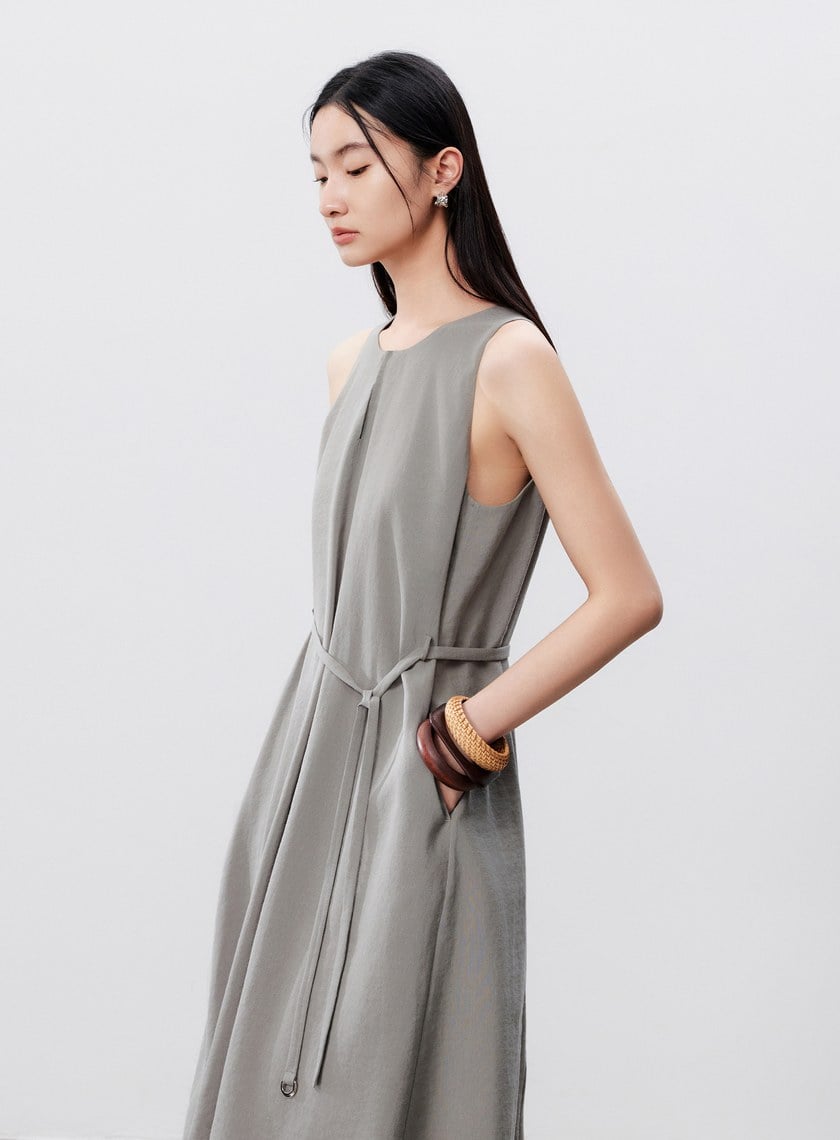 清涼亞麻感綁帶洋裝