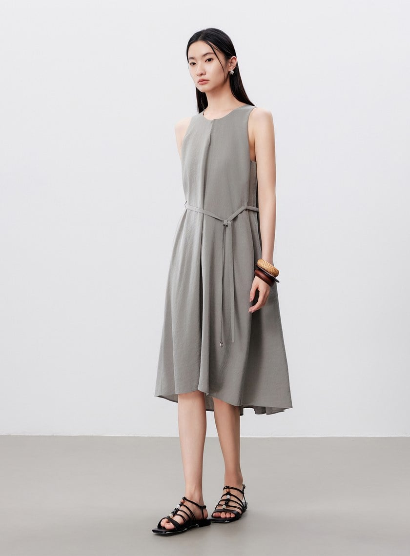 清涼亞麻感綁帶洋裝
