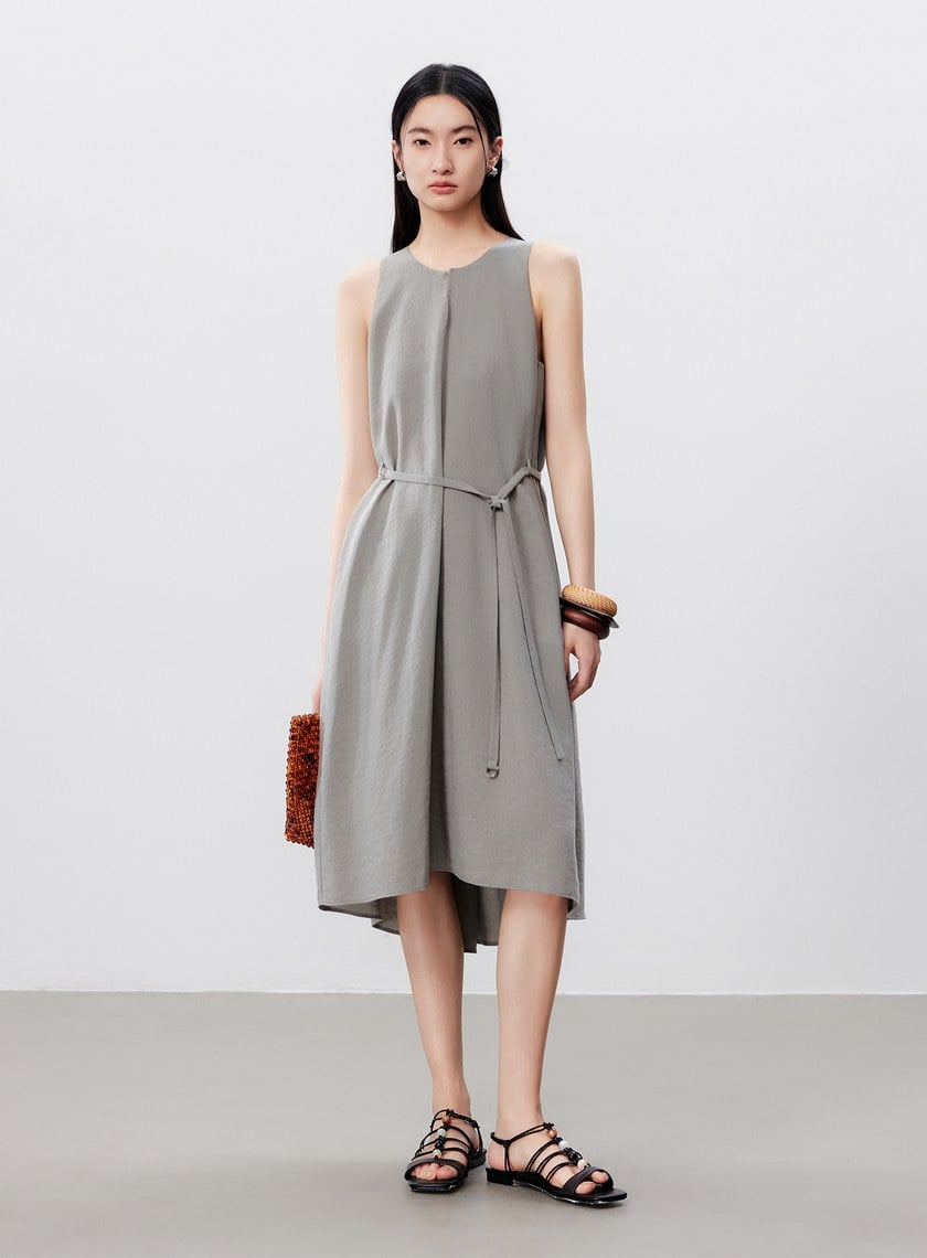 清涼亞麻感綁帶洋裝