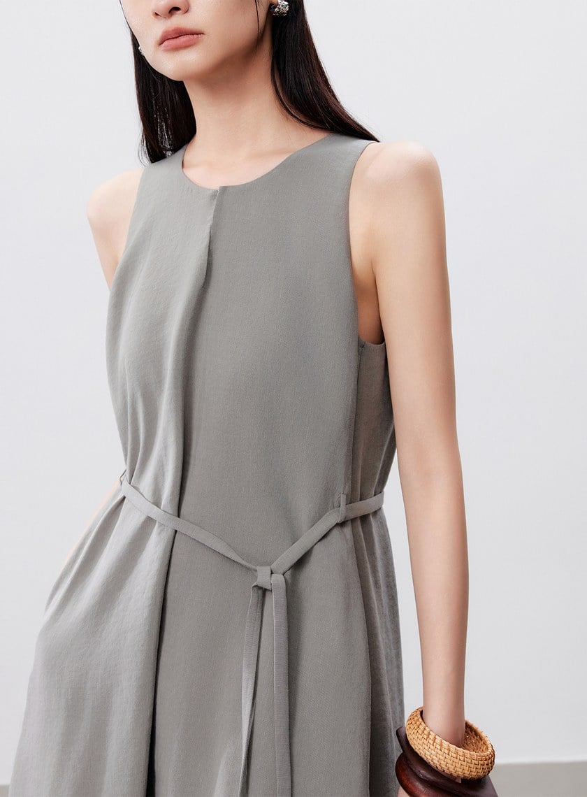 清涼亞麻感綁帶洋裝