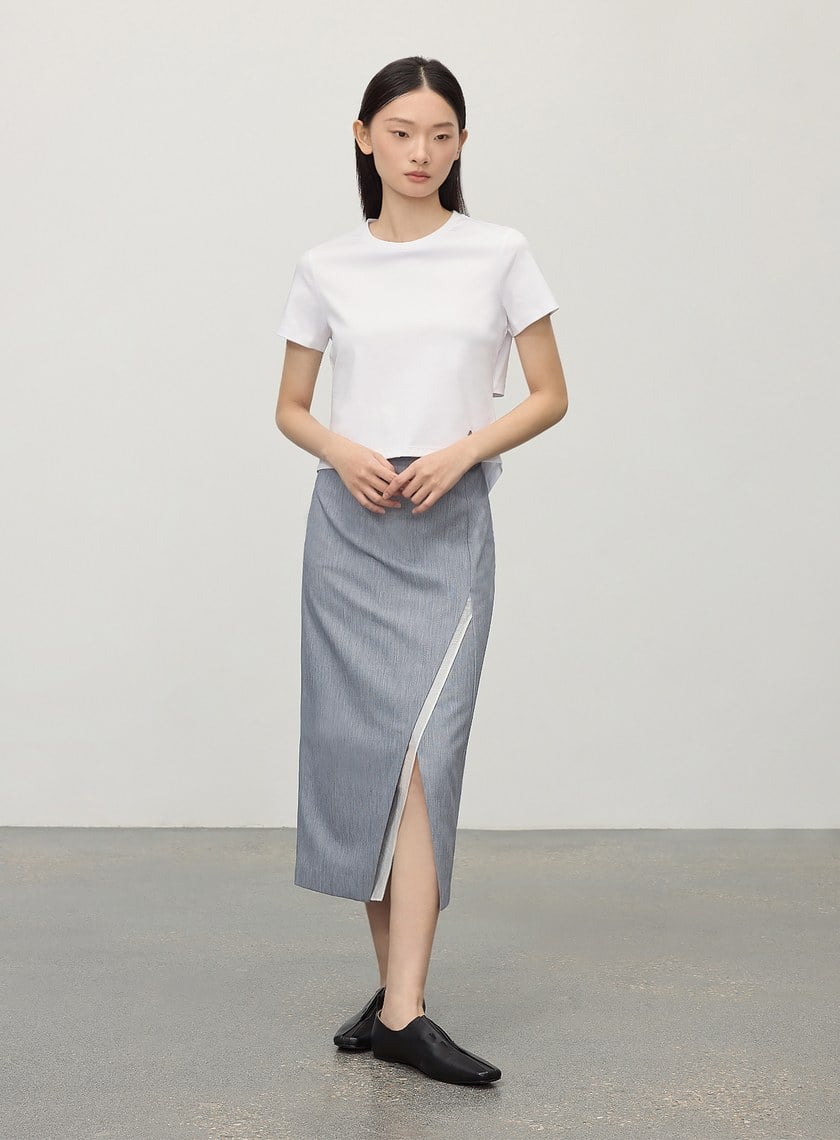 俐落不對稱開衩H型西裝半裙