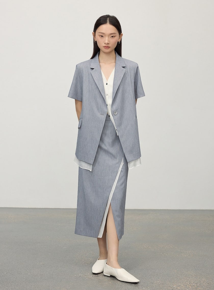 俐落不對稱開衩H型西裝半裙