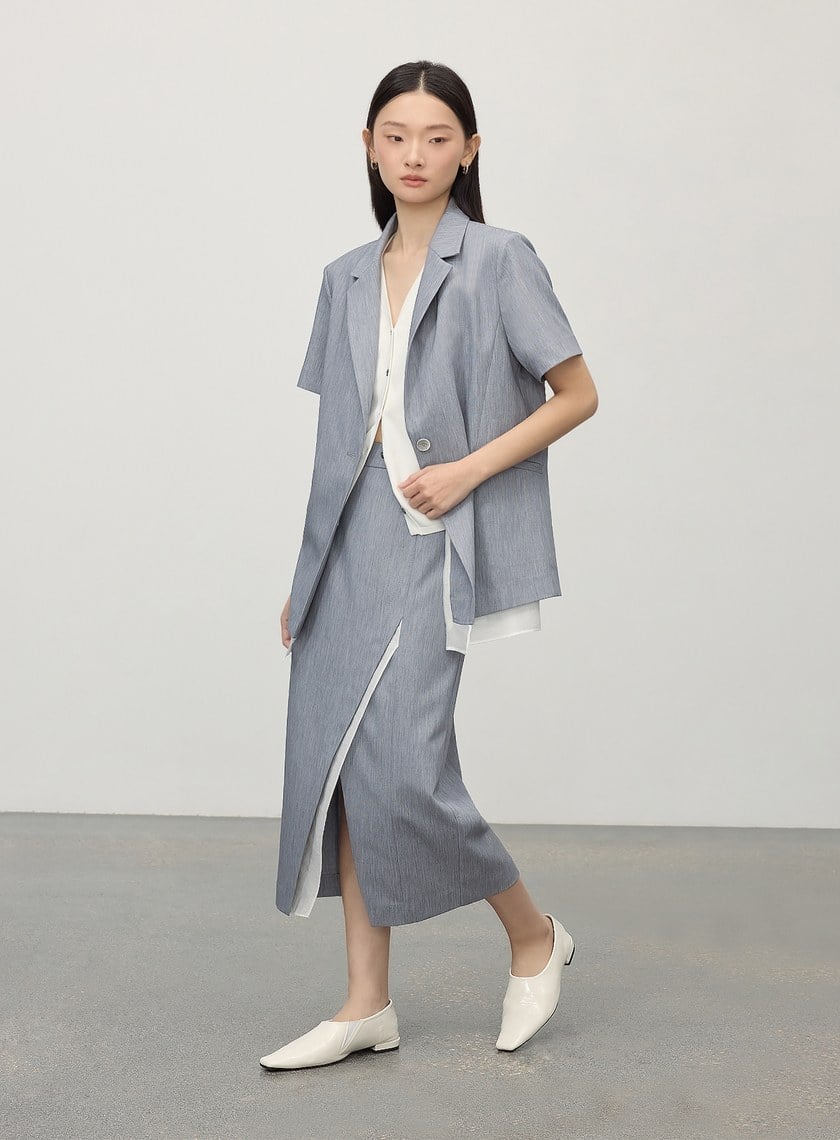 俐落不對稱開衩H型西裝半裙