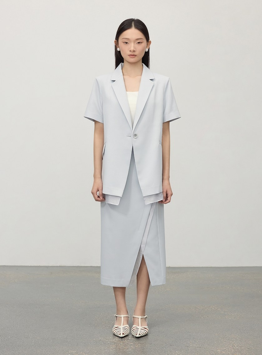 俐落不對稱開衩H型西裝半裙