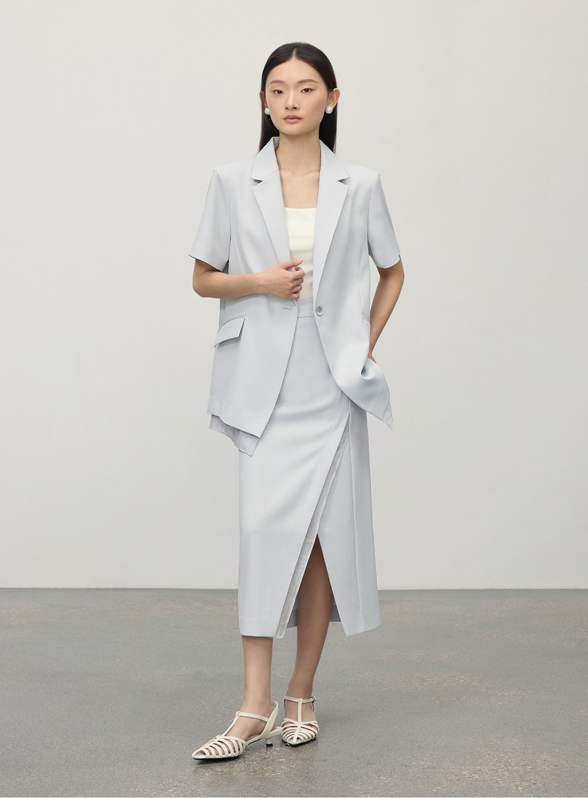 俐落不對稱開衩H型西裝半裙