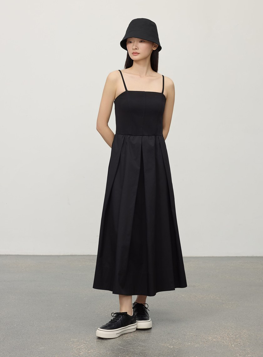 休閒異素材拼接吊帶洋裝