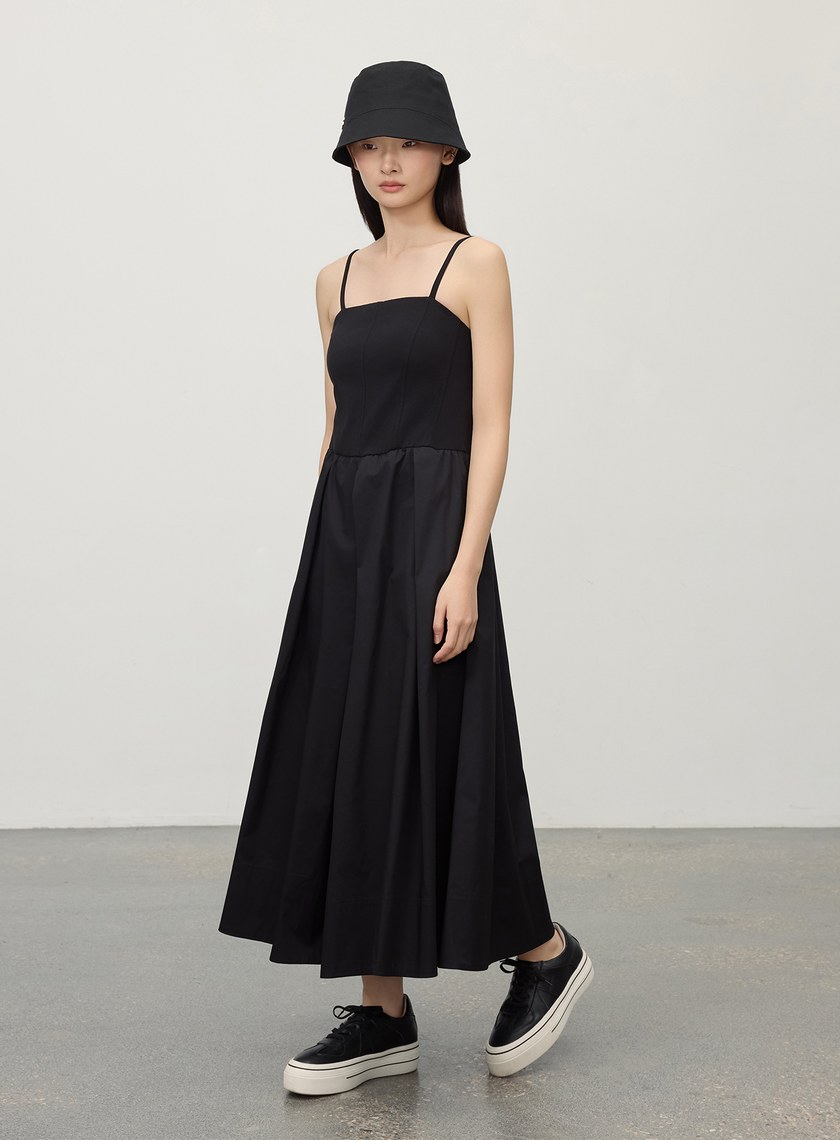 休閒異素材拼接吊帶洋裝