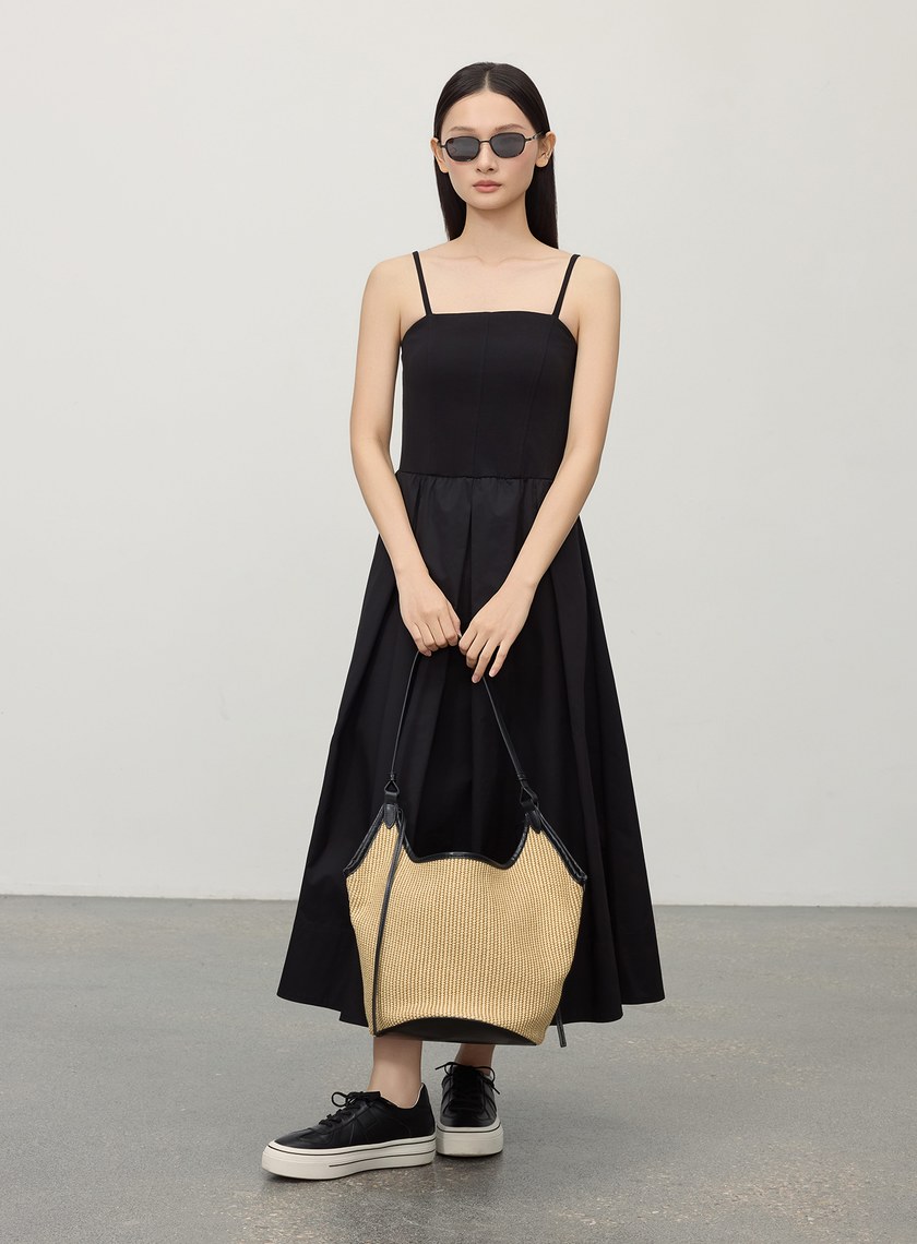 休閒異素材拼接吊帶洋裝