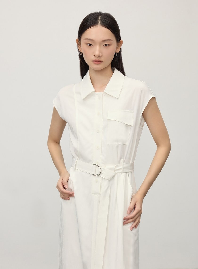 簡約涼感醋酸無袖綁帶洋裝