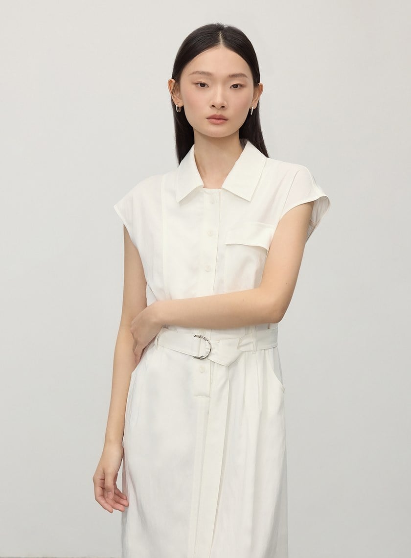 簡約涼感醋酸無袖綁帶洋裝