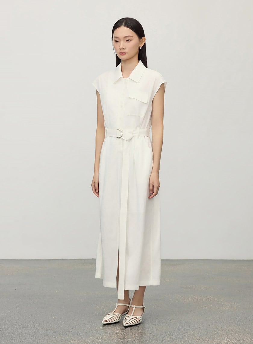 簡約涼感醋酸無袖綁帶洋裝