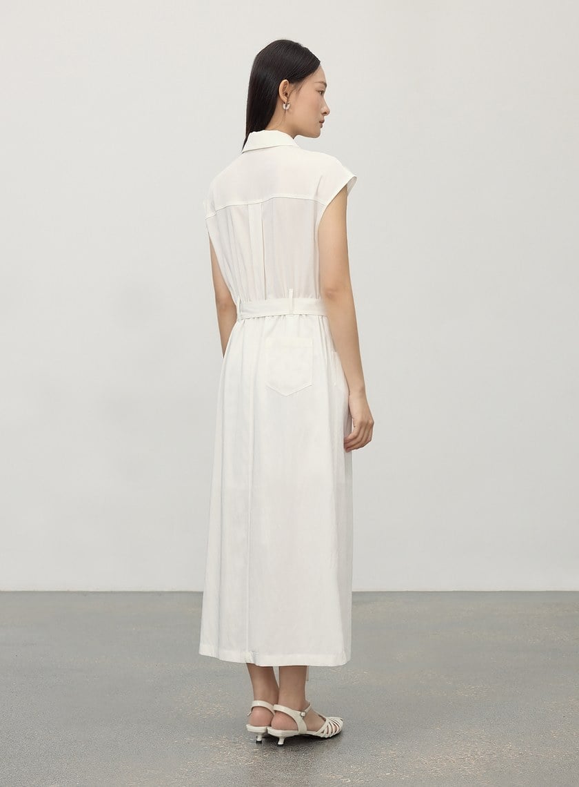 簡約涼感醋酸無袖綁帶洋裝