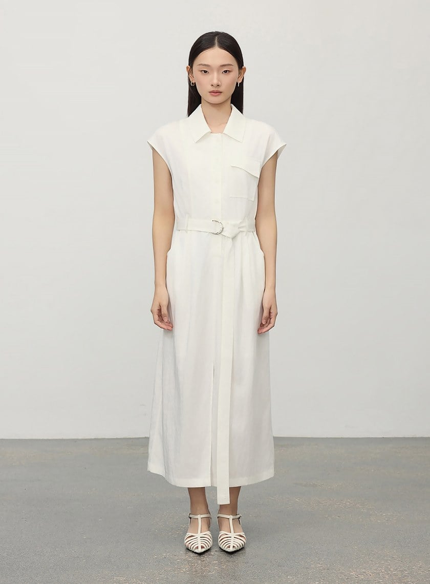 簡約涼感醋酸無袖綁帶洋裝