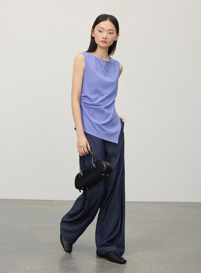 不對稱條紋拼接抓褶上衣