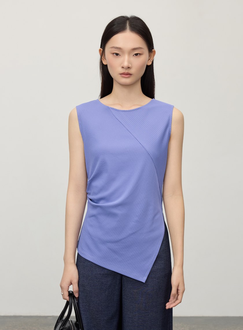 不對稱條紋拼接抓褶上衣