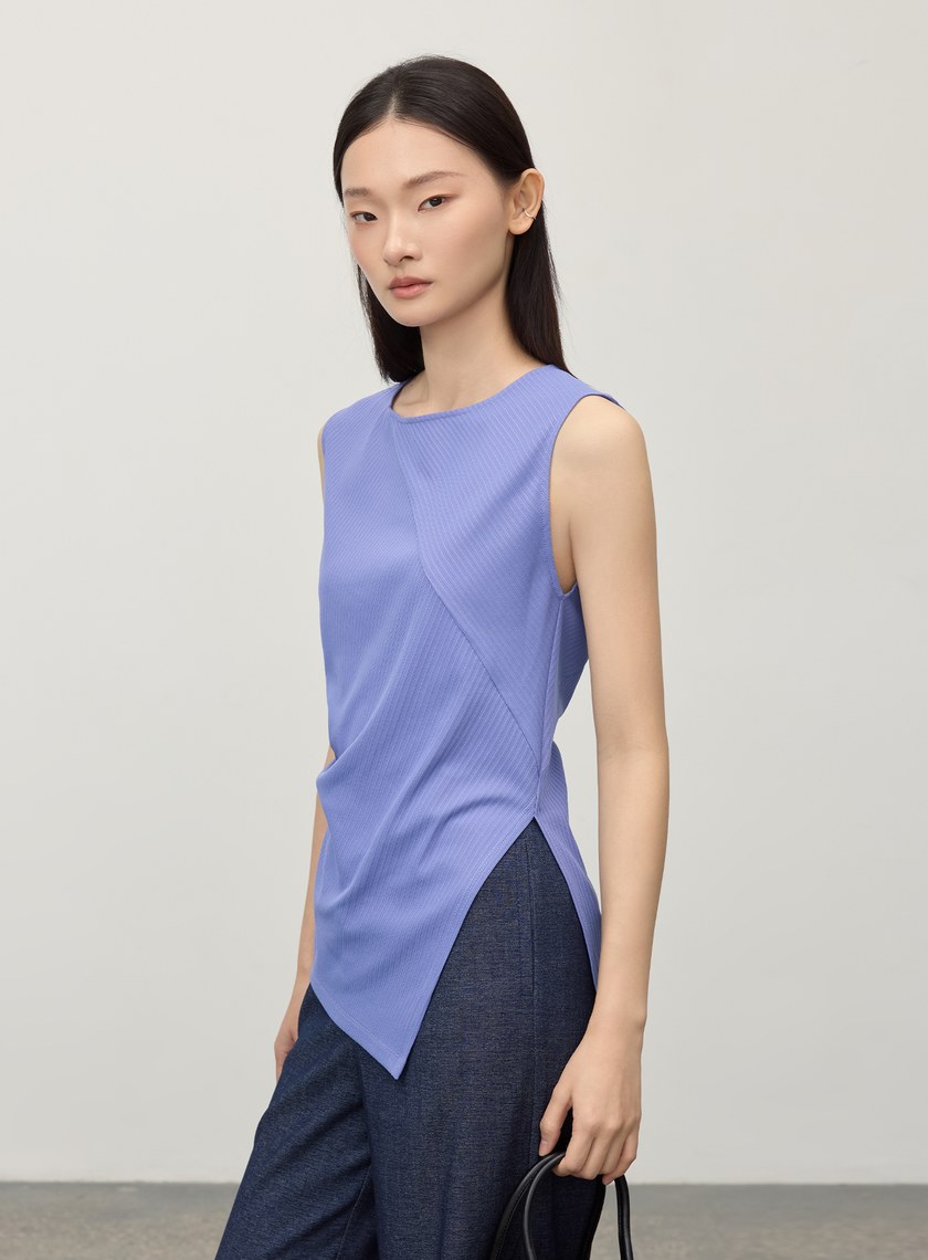 不對稱條紋拼接抓褶上衣