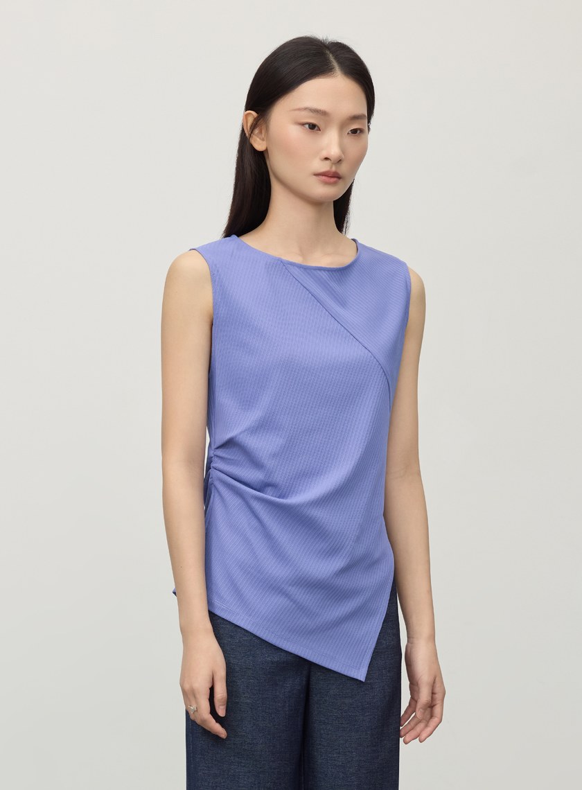 不對稱條紋拼接抓褶上衣