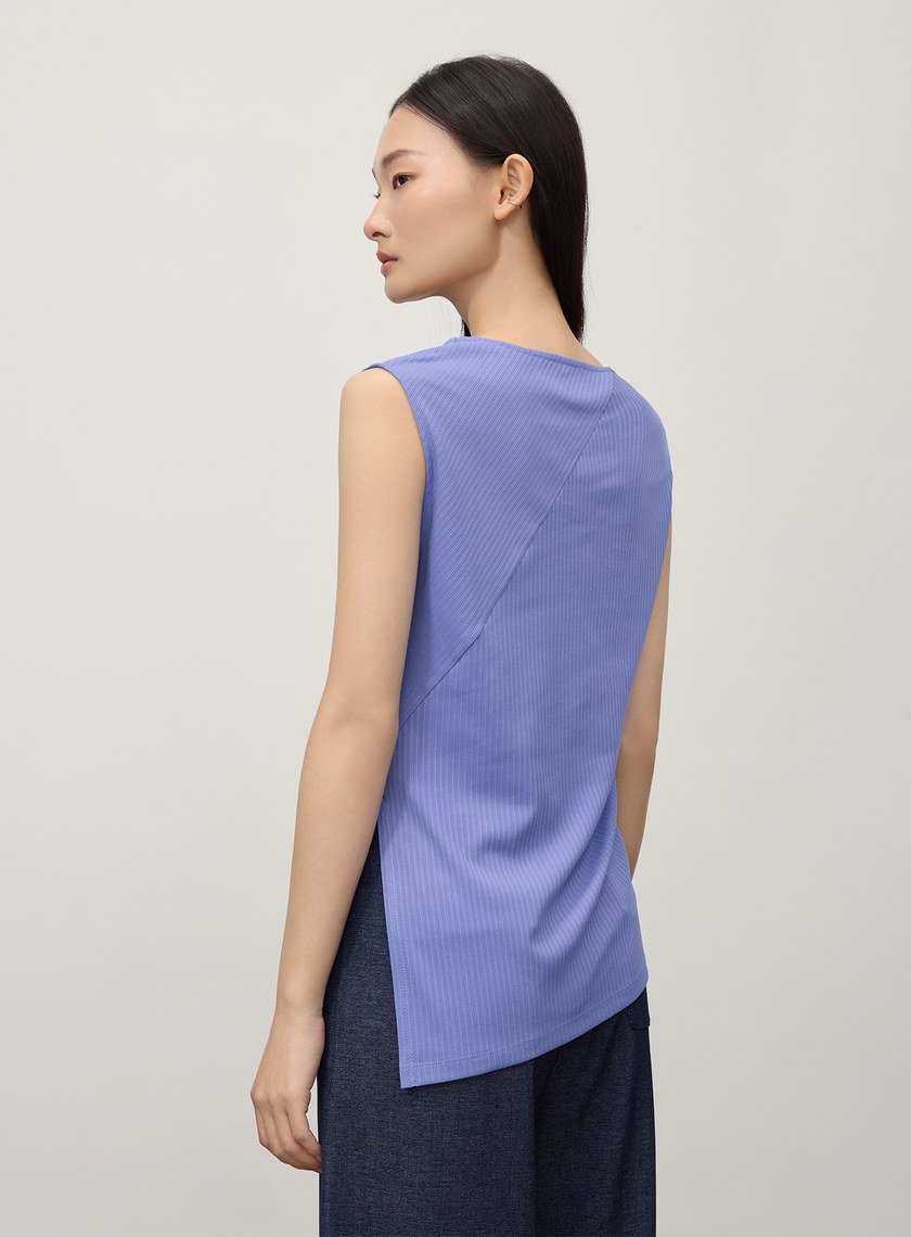 不對稱條紋拼接抓褶上衣