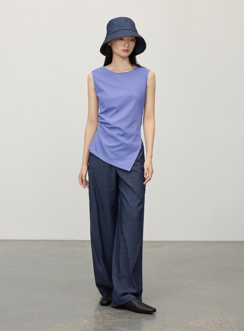 不對稱條紋拼接抓褶上衣