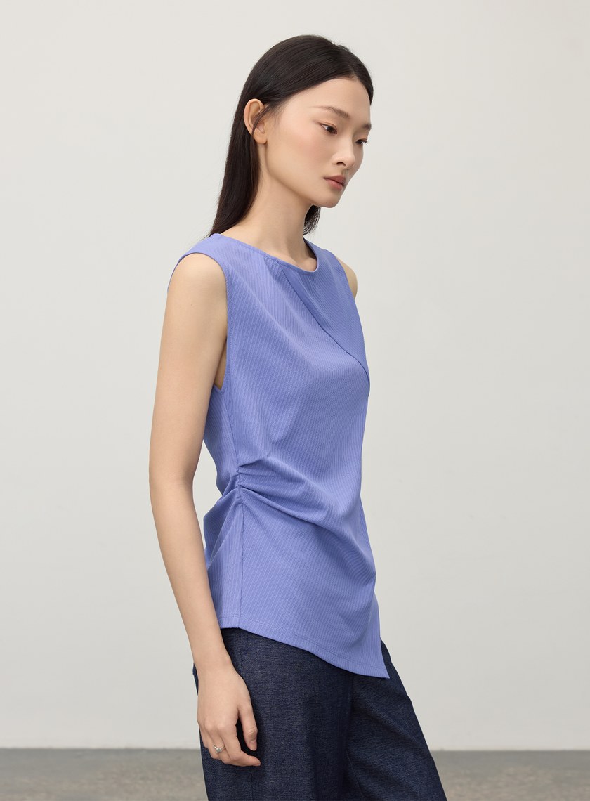 不對稱條紋拼接抓褶上衣