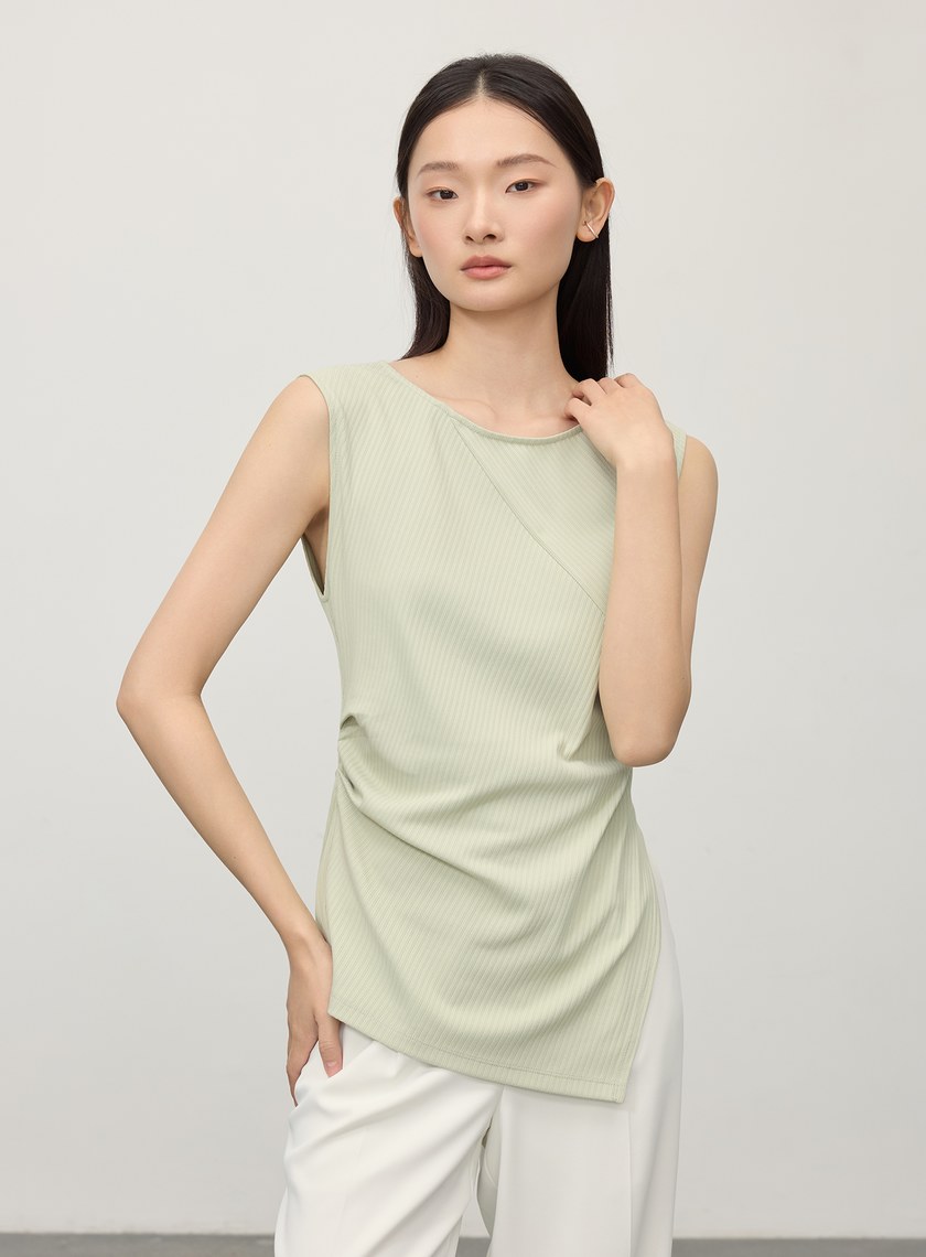 不對稱條紋拼接抓褶上衣