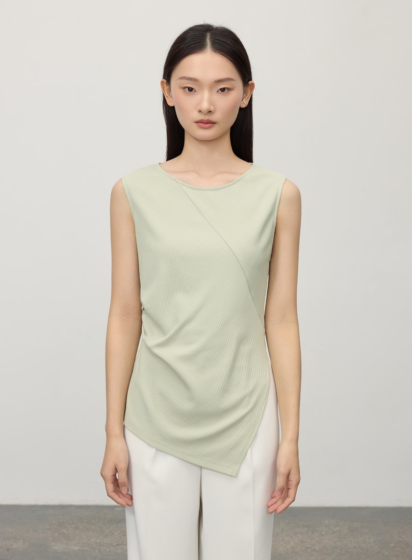 不對稱條紋拼接抓褶上衣