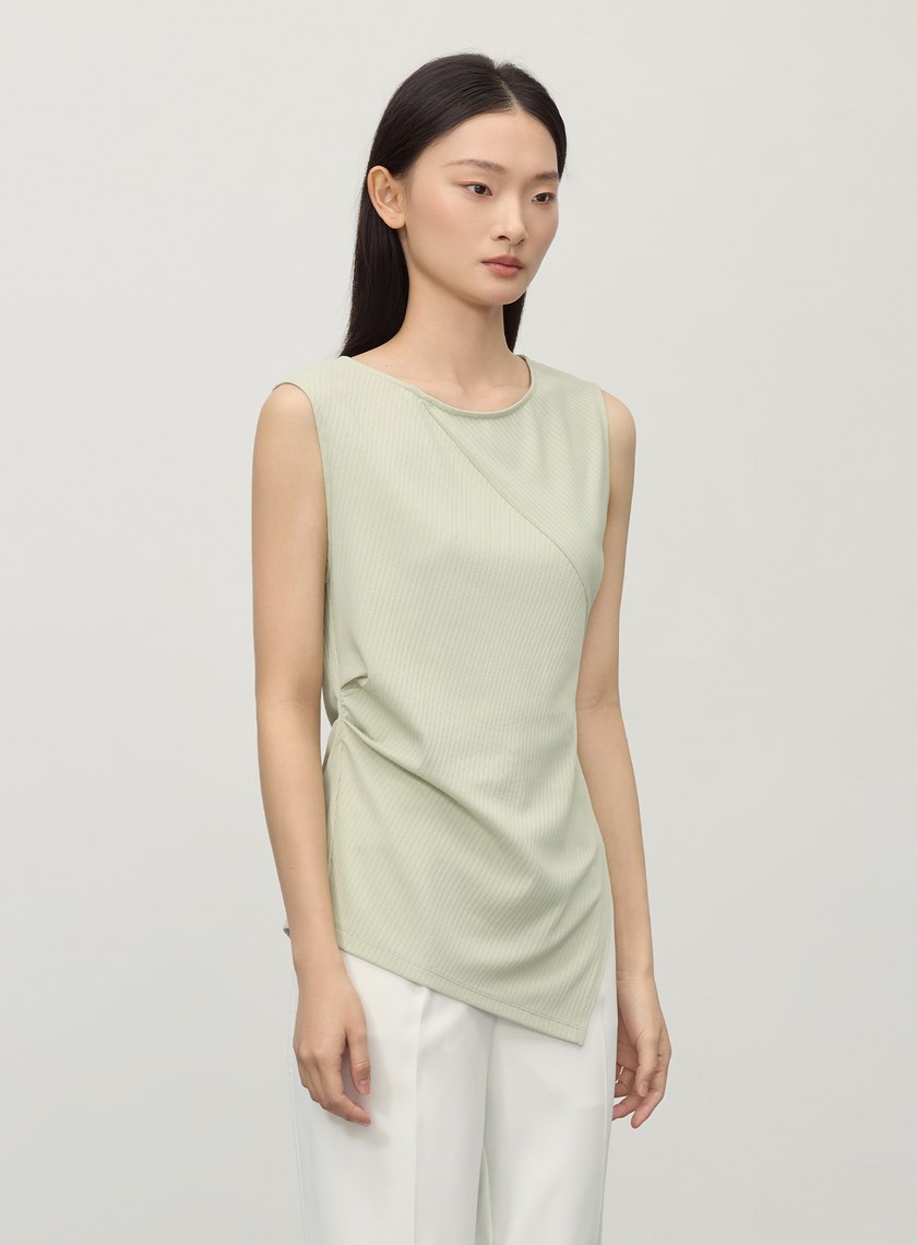 不對稱條紋拼接抓褶上衣