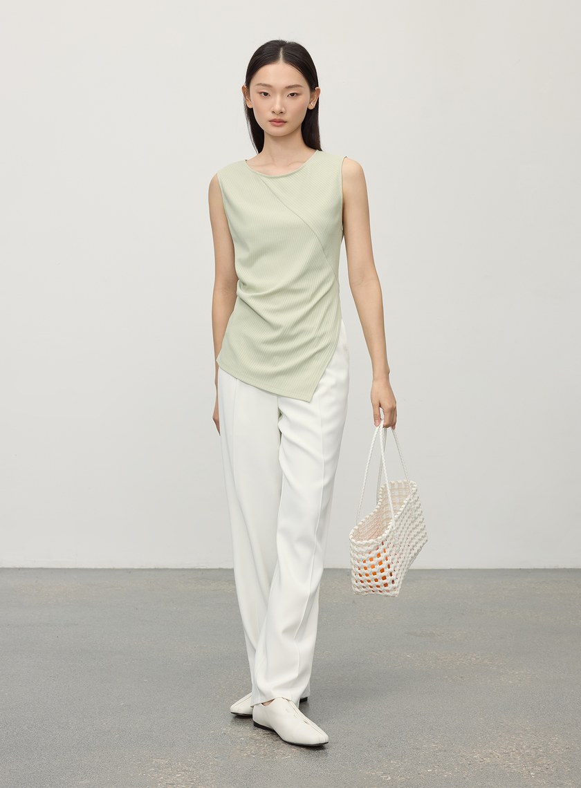 不對稱條紋拼接抓褶上衣