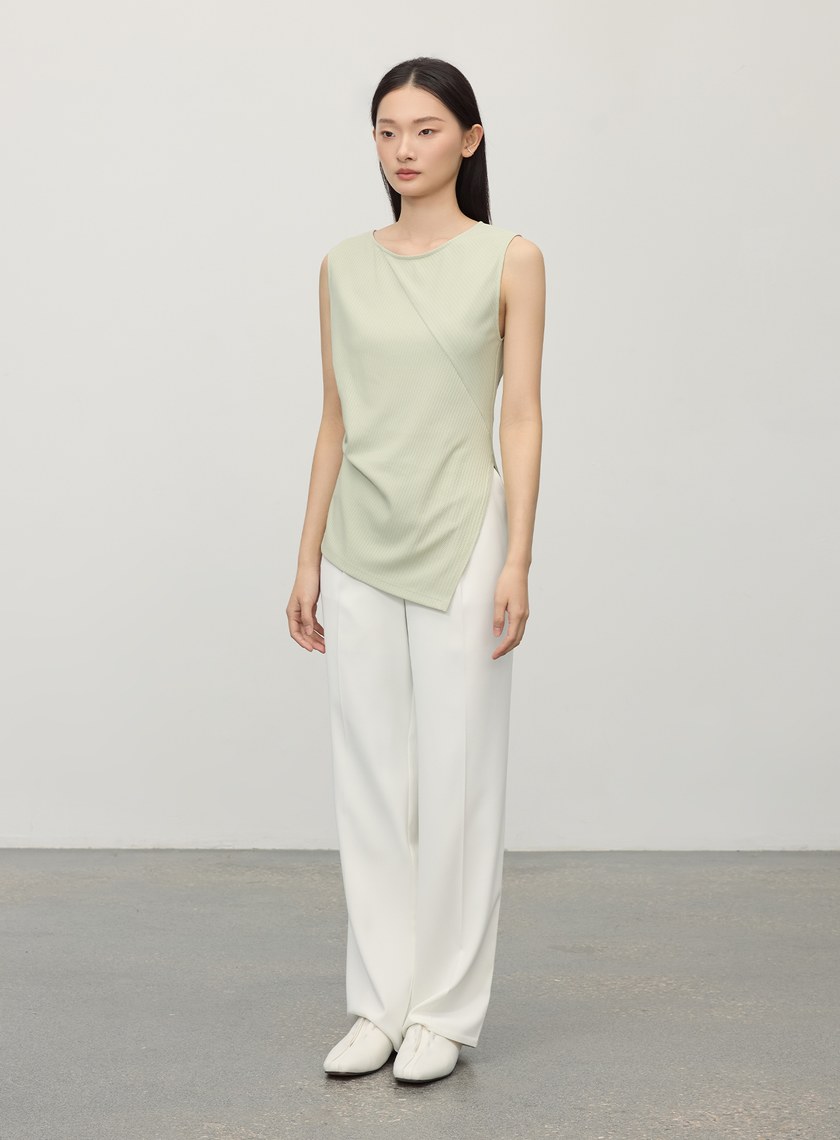 不對稱條紋拼接抓褶上衣