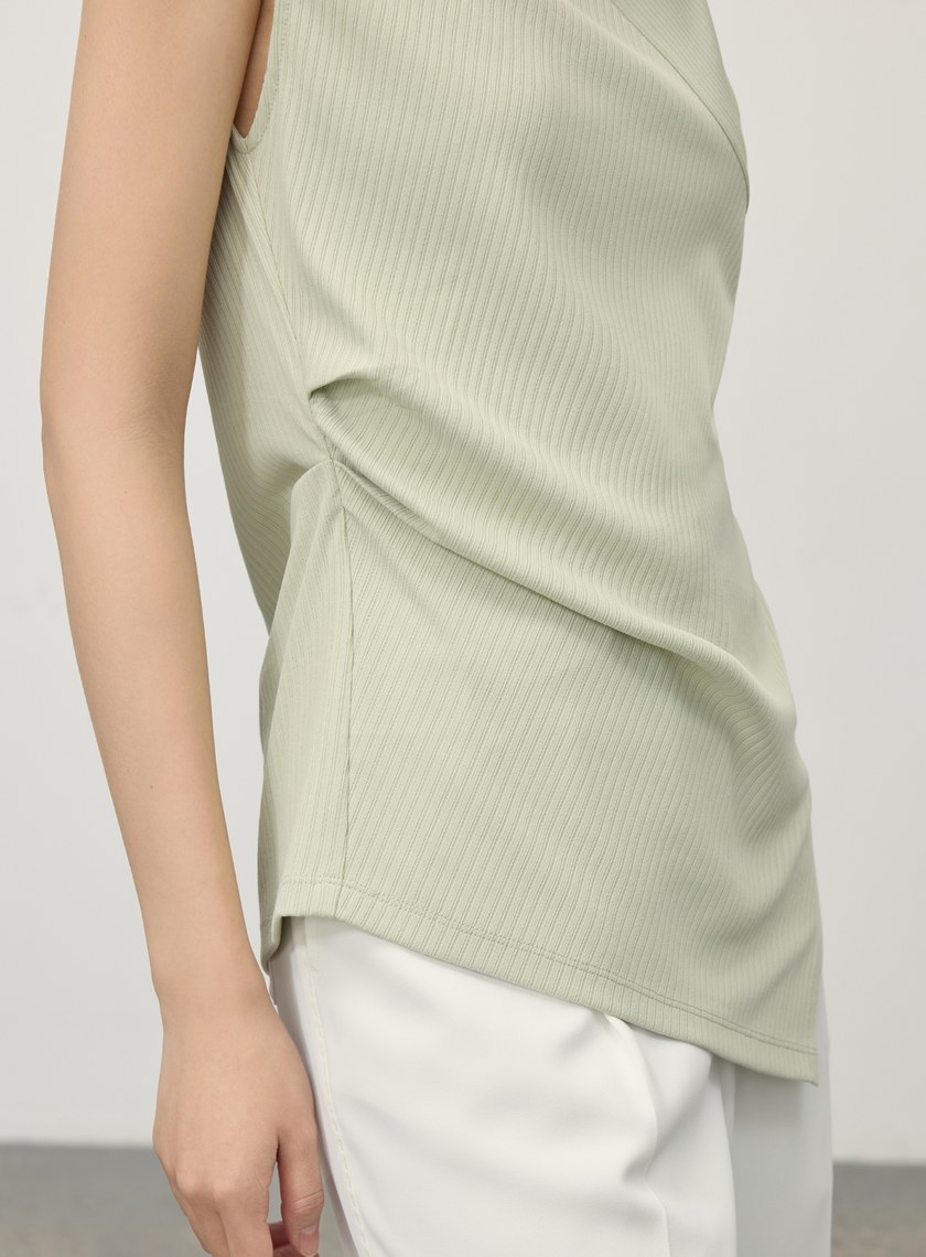 不對稱條紋拼接抓褶上衣