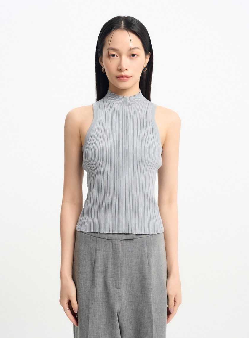 環保坑條削肩半高領針織背心