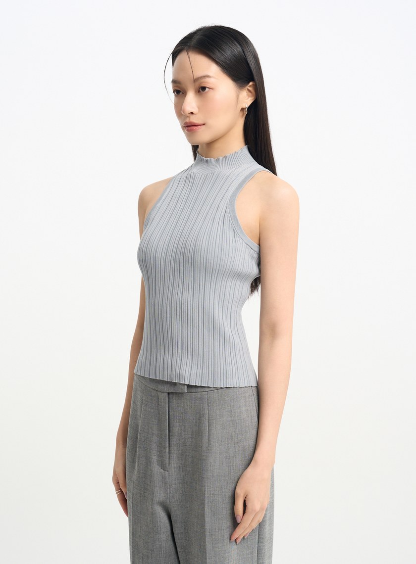 環保坑條削肩半高領針織背心