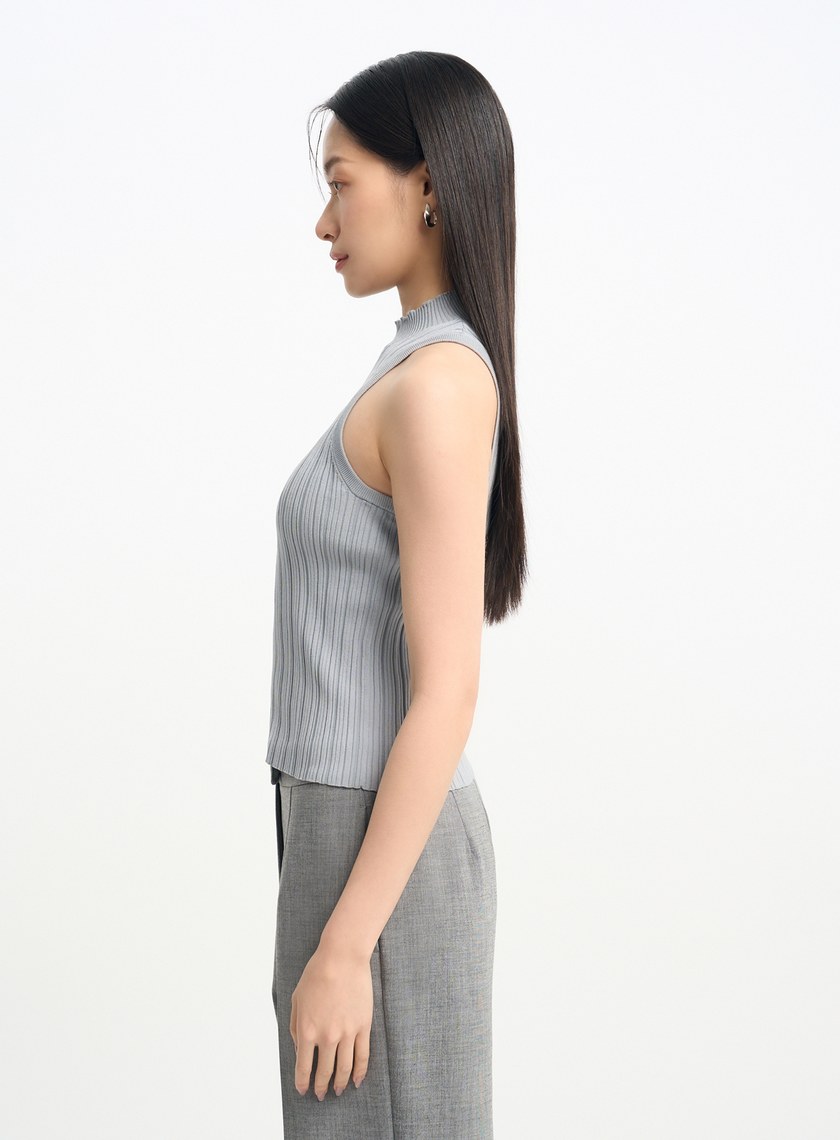 環保坑條削肩半高領針織背心