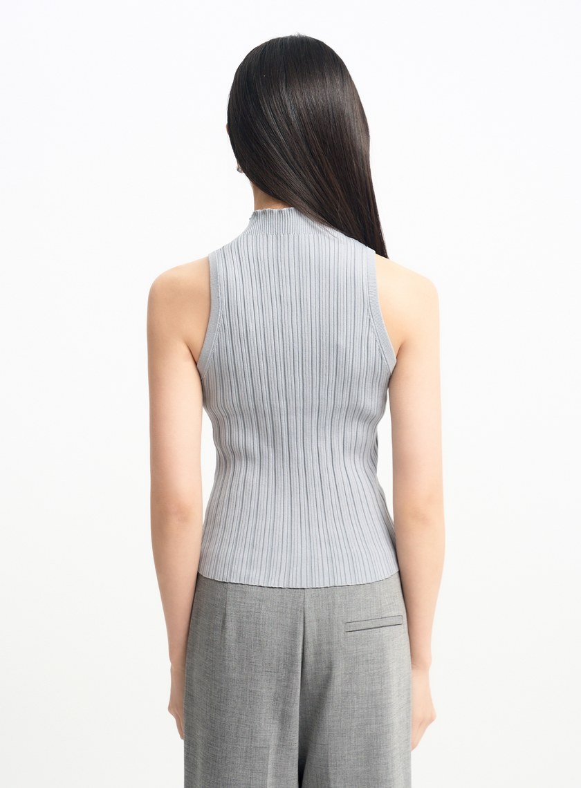 環保坑條削肩半高領針織背心