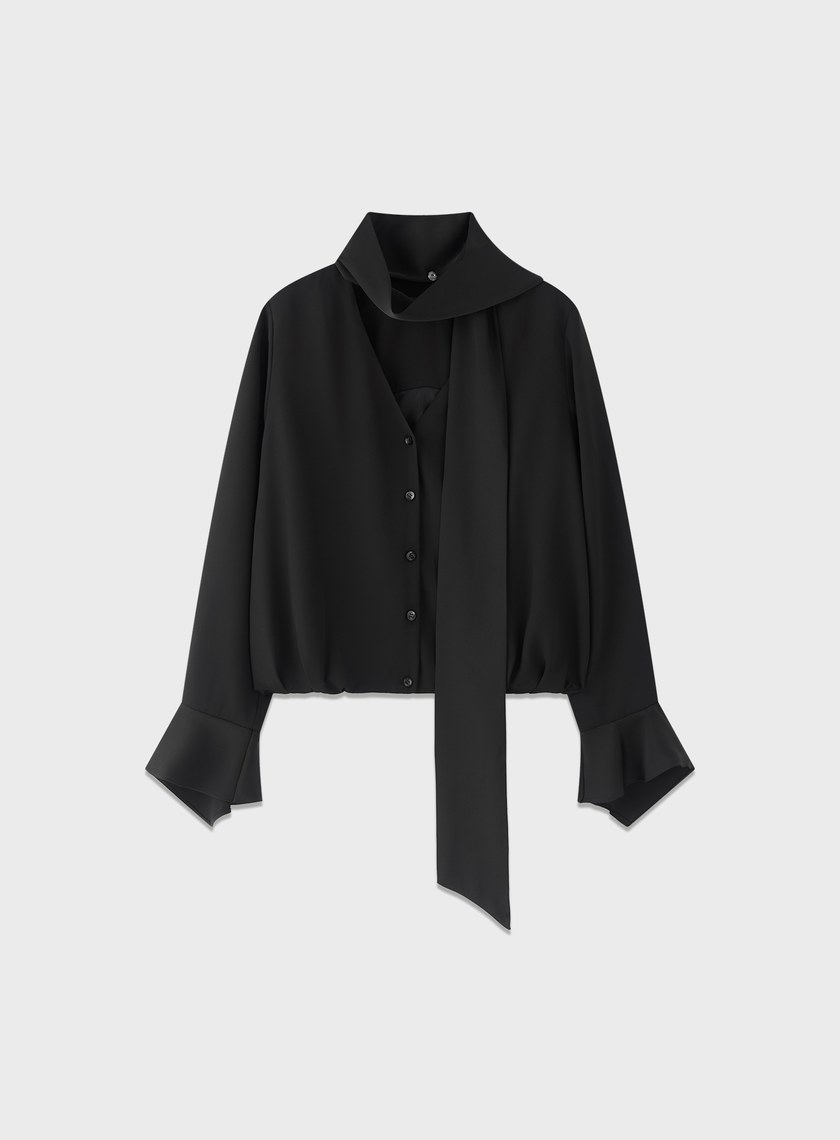 優雅V領飄帶襯衫