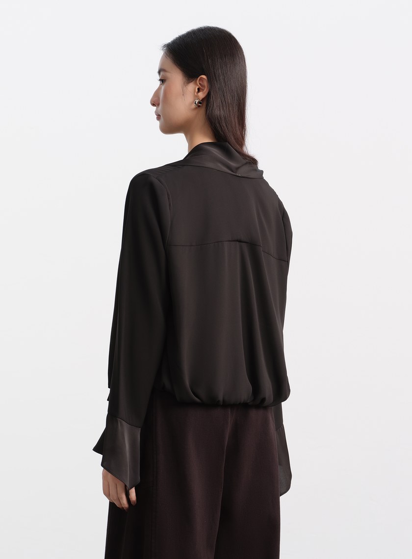 優雅V領飄帶襯衫