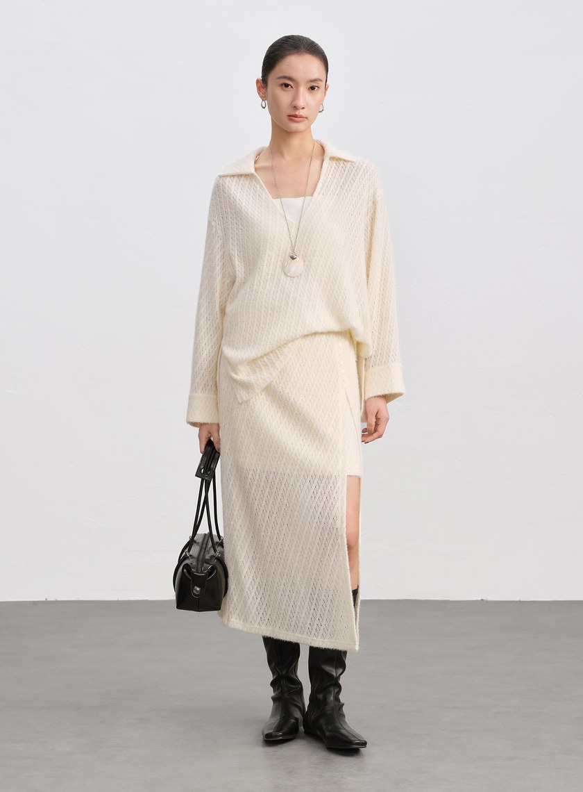 菱格紋直筒開衩半身裙