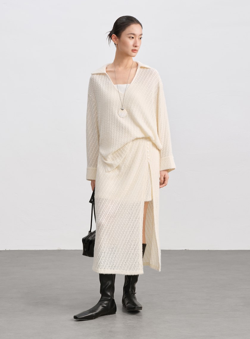 菱格紋直筒開衩半身裙