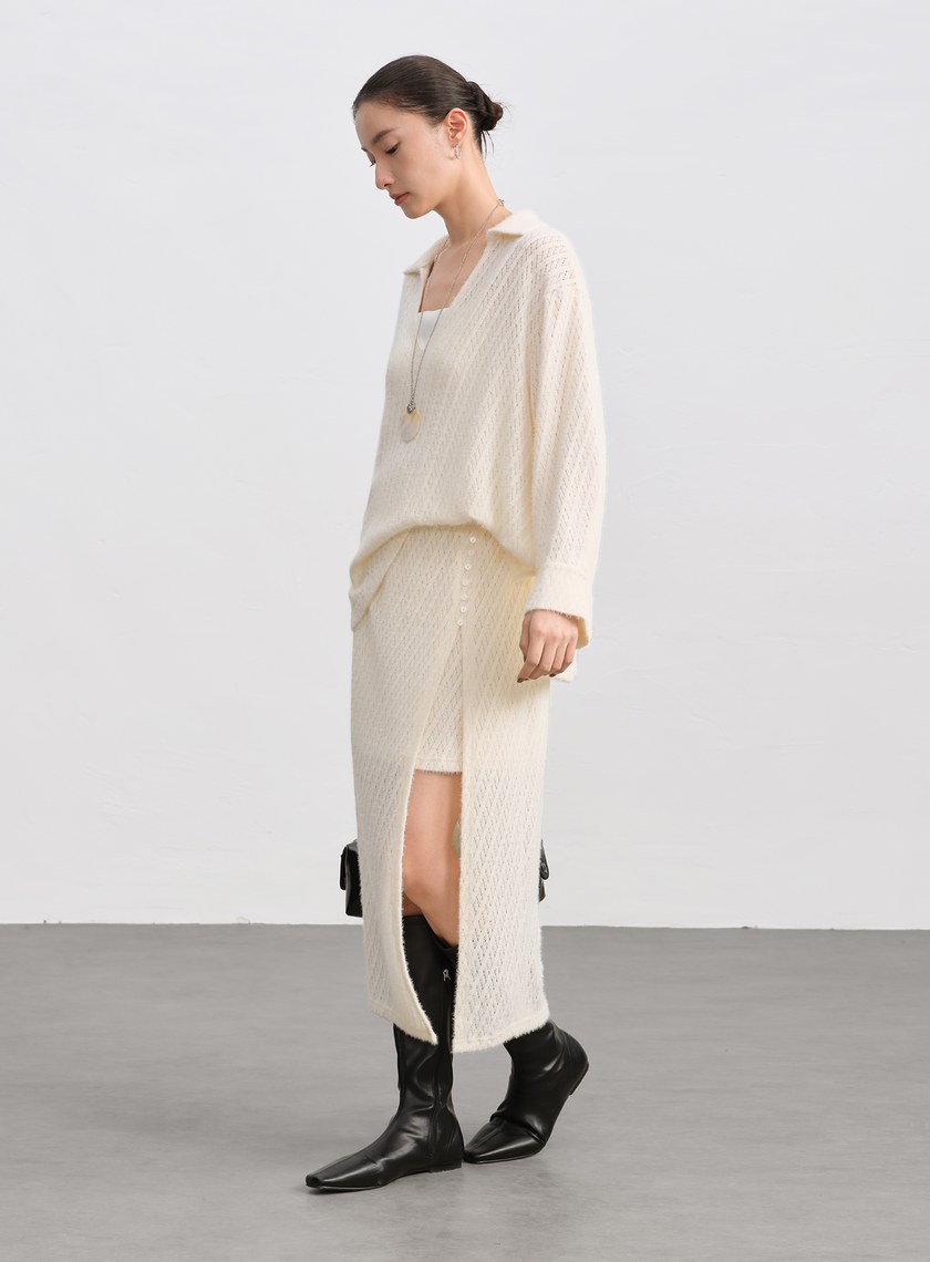 菱格紋直筒開衩半身裙