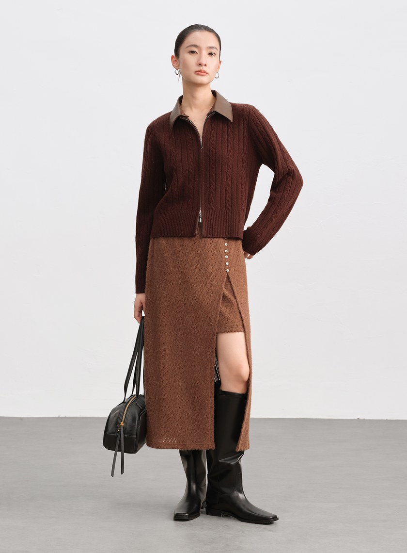 菱格紋直筒開衩半身裙