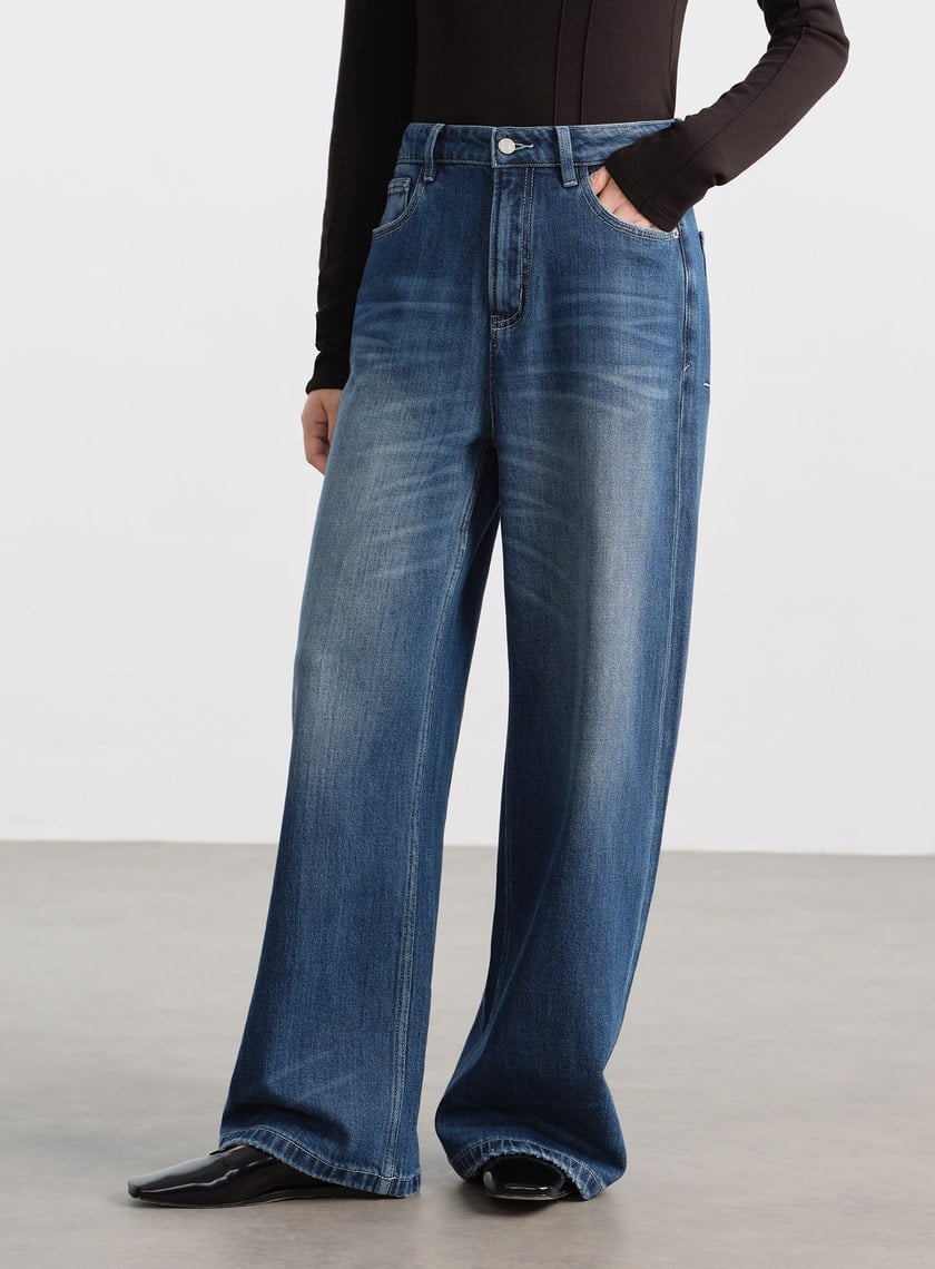 高腰挺版牛仔寬褲