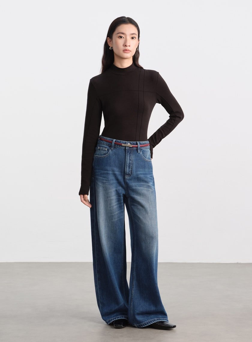 高腰挺版牛仔寬褲