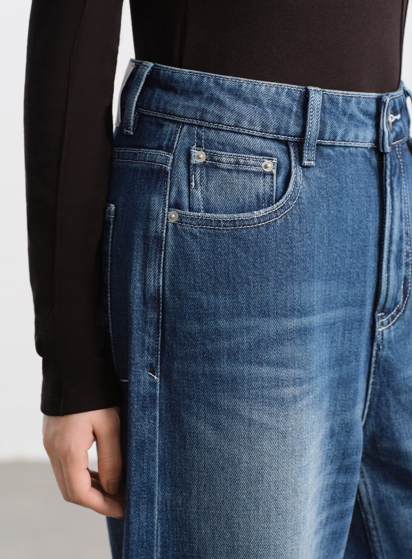 高腰挺版牛仔寬褲