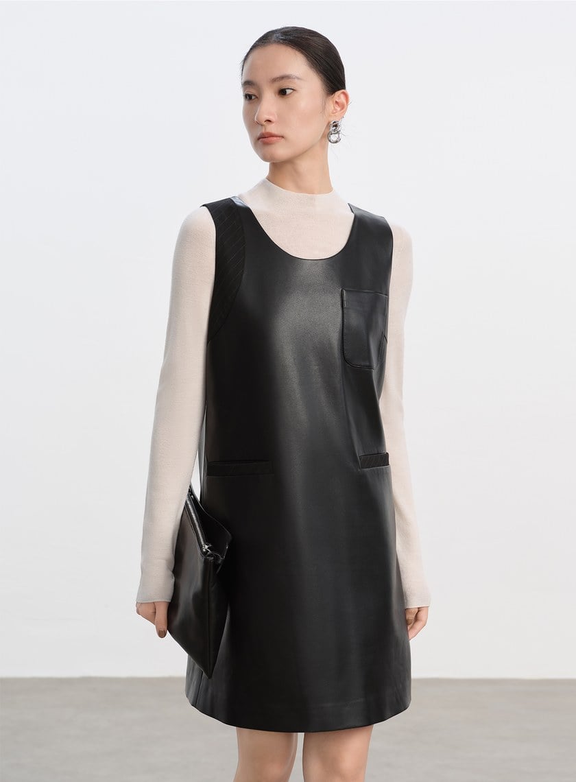 率性環保皮革無袖洋裝