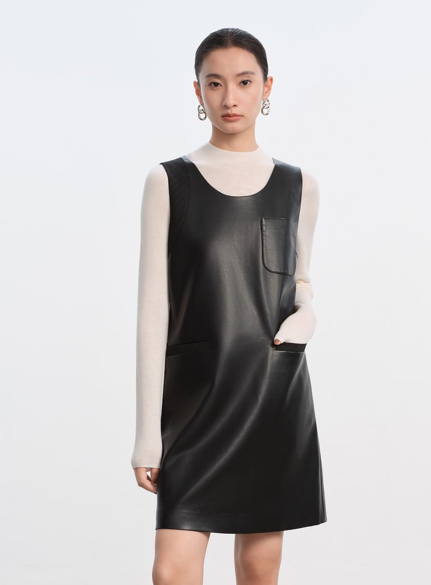率性環保皮革無袖洋裝