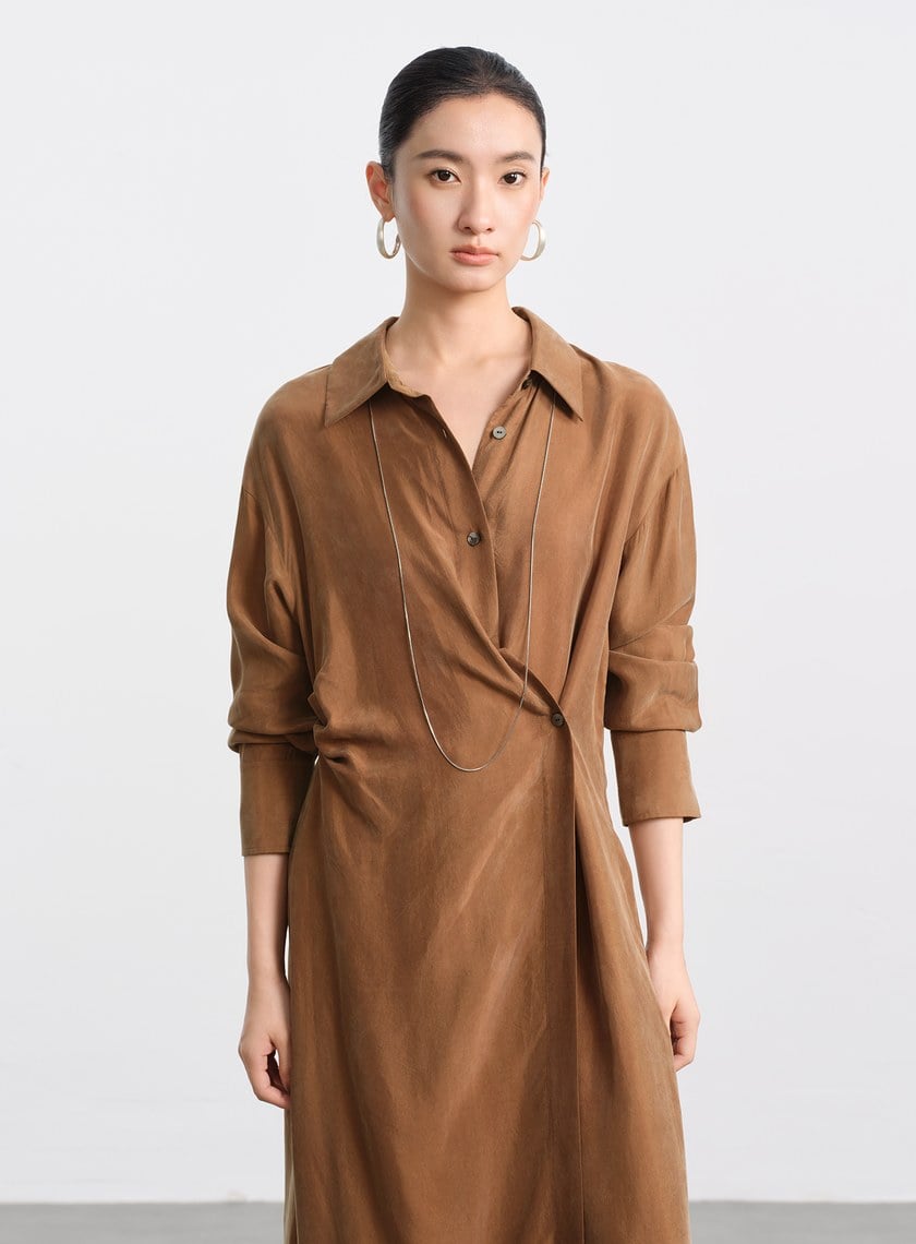 不對稱斜釦襯衫洋裝