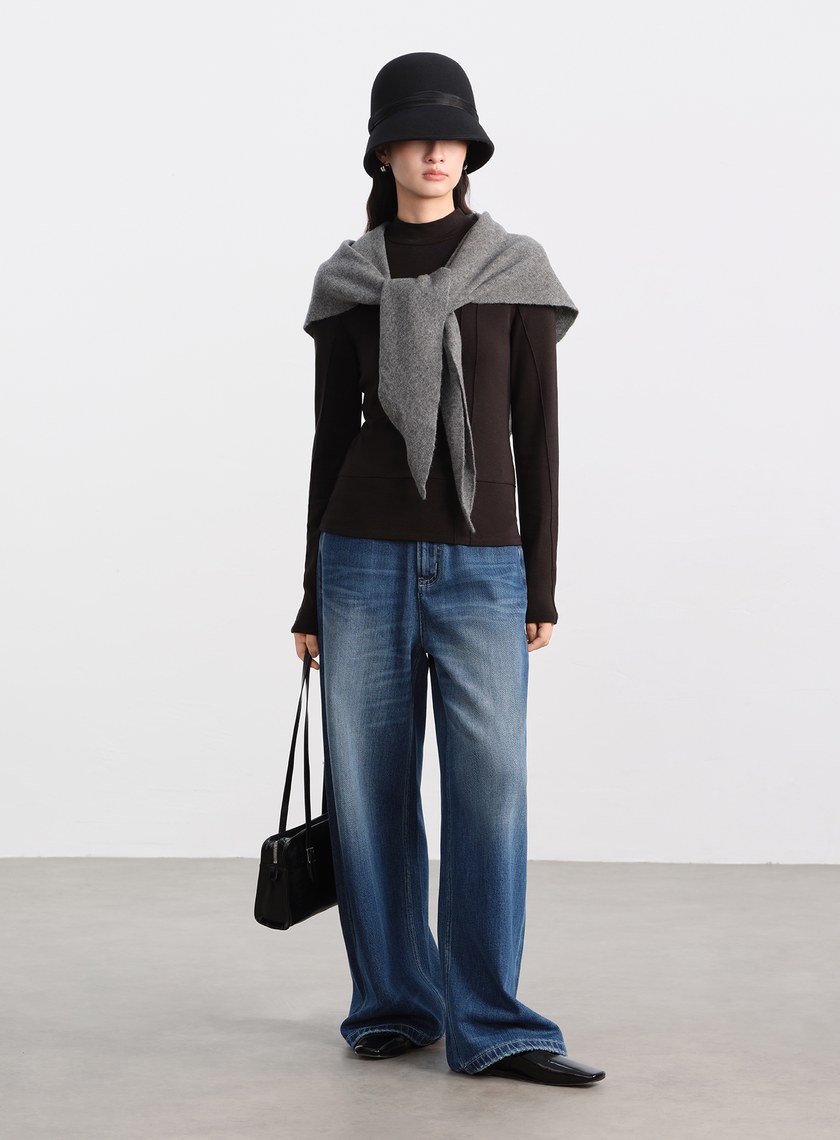 立體褶飾高領發熱上衣