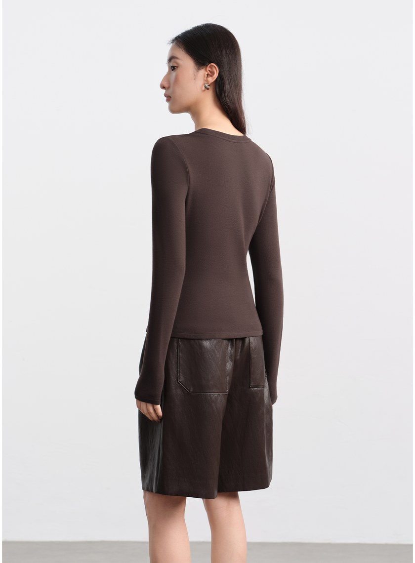 不對稱抓褶圓領發熱上衣