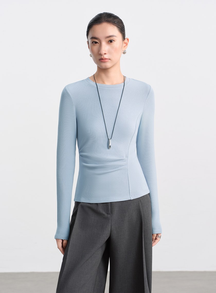 不對稱抓褶圓領發熱上衣