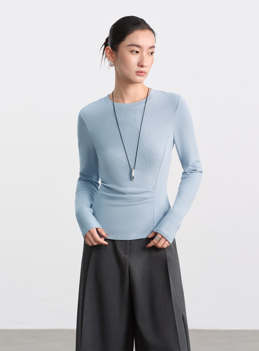 不對稱抓褶圓領發熱上衣